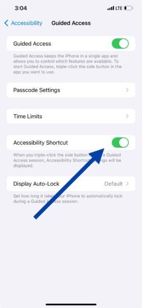 Enable guided access shortcut