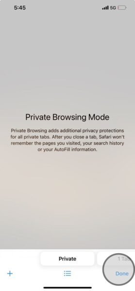 Safari browser incognito or private tab